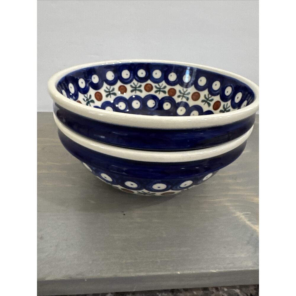 Polish Pottery Bowl- Set Of 2- Blue/White Nature 6in Wide/2.5in Tall Stackable - Picture 11 of 12